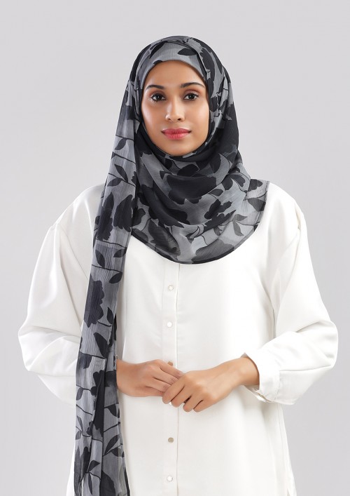 Florya Black-Printed Plus Crinkled Chiffon