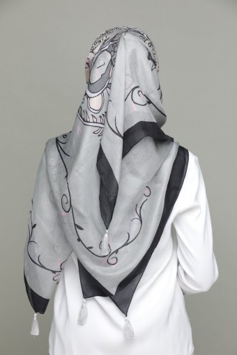 Gray Unconditional Love - Classic Shawl-Digital Printed Square SILK 130x130 cm with Tassels Gray Unc