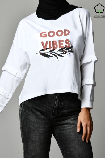 GOOD VIBES WHITE-Tshirt Peony-Printed Cotton