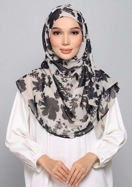 Black Bouquet-Printed Plus Crinkled Chiffon