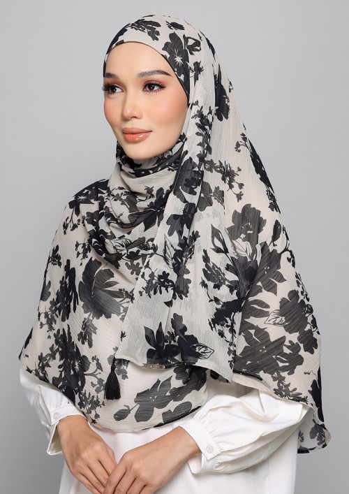 Black Bouquet-Printed Plus Crinkled Chiffon