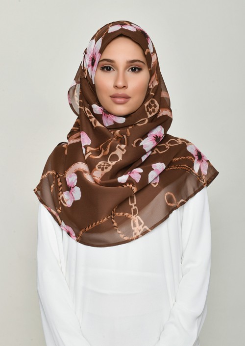 Blossom Brown-Printed Crinkled Chiffon