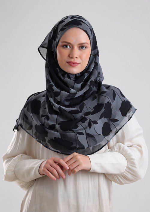 Florya Black-Printed Plus Crinkled Chiffon