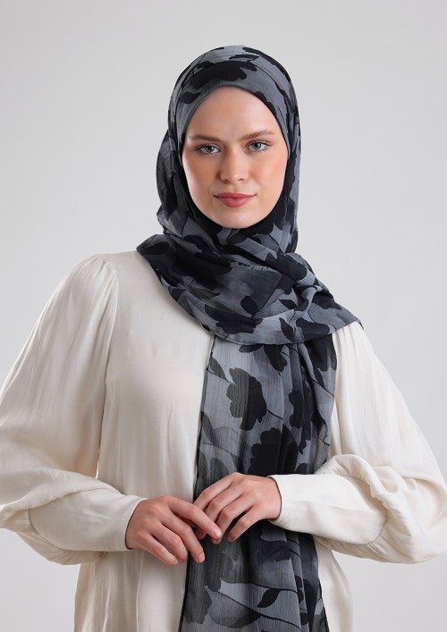 Florya Black-Printed Plus Crinkled Chiffon