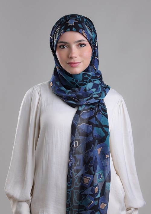 Hassan II Azure-Printed Plus Crinkled Chiffon With Foil