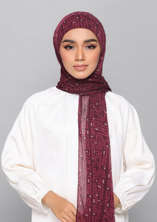 Monogram Maroon-Printed Plus Crinkled Chiffon