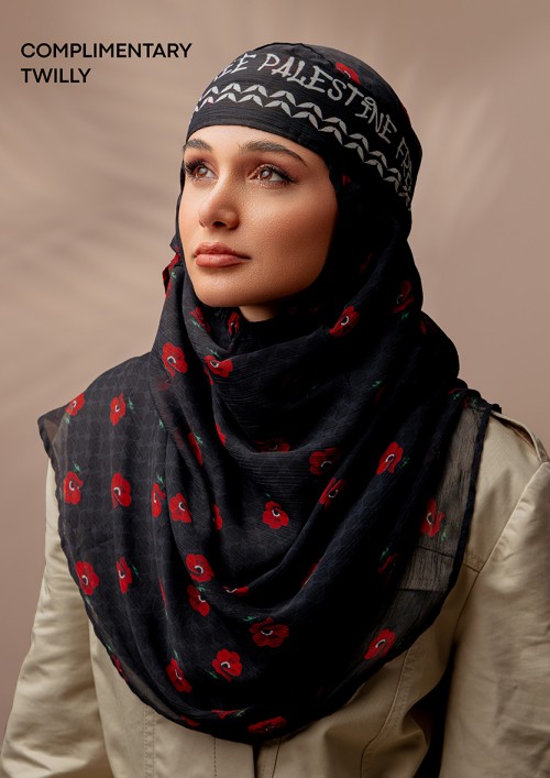 Black Poppy of Palestine-Printed Plus Crinkled Chiffon