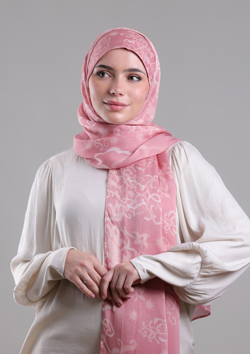 Putra Pink-Printed Plus Crinkled Satin Chiffon